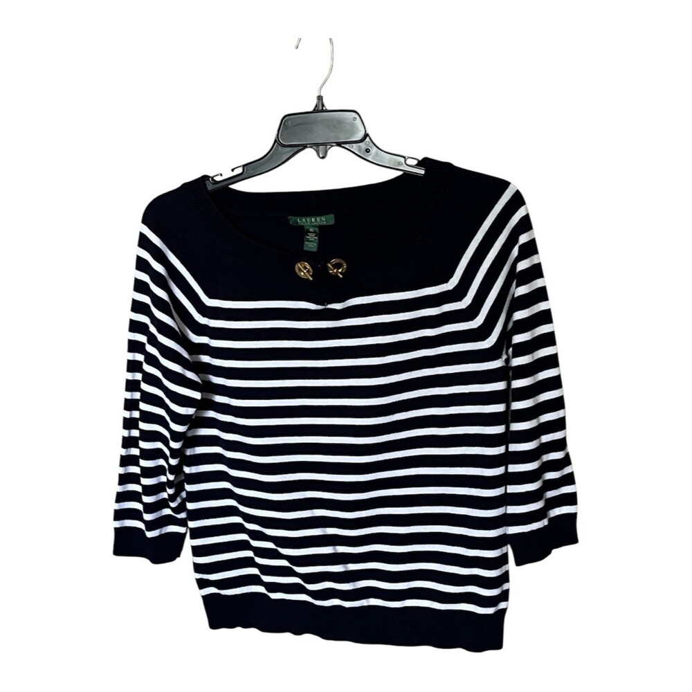 Lauren Ralph Lauren Blue/White Striped Cotton Sweater with Button Accent Size XL